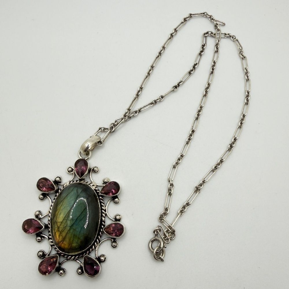 Sterling 31x21mm Labradorite and rubellite accent pendant on a 20", 925 chain!